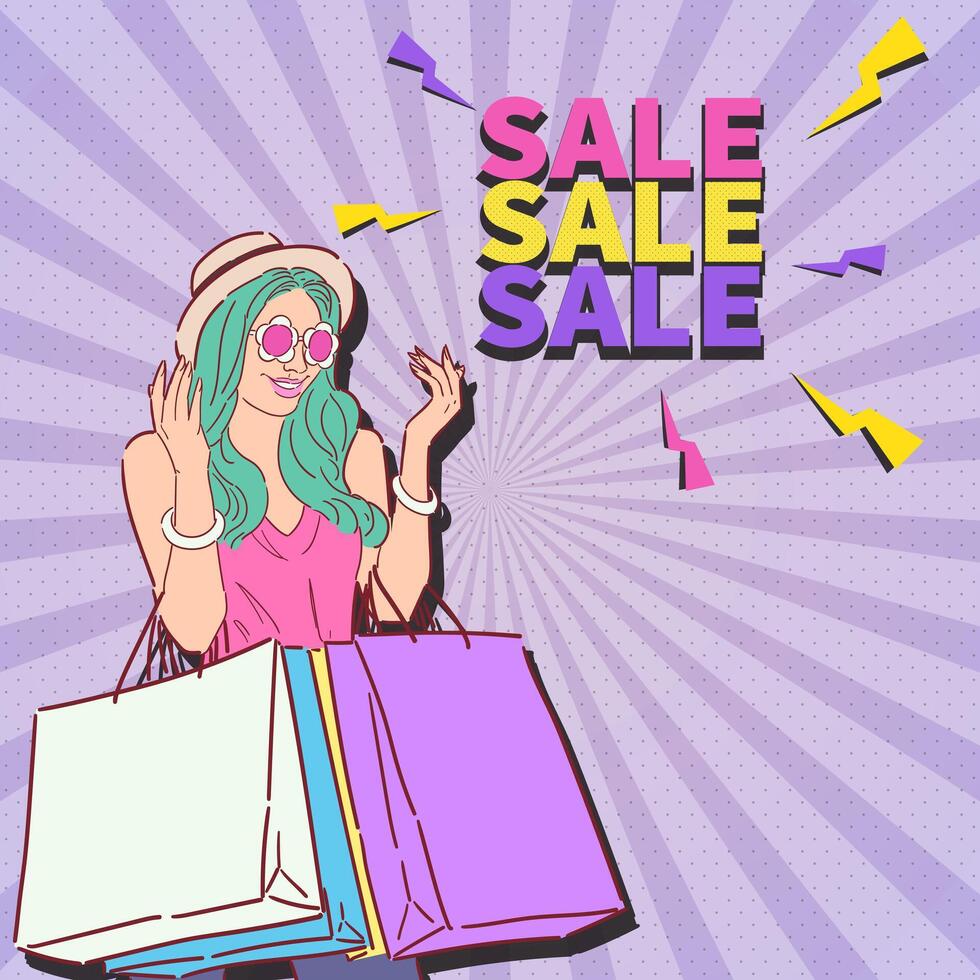 Sale promotion banner or flyer design with retro or pop art style illustration. . vector