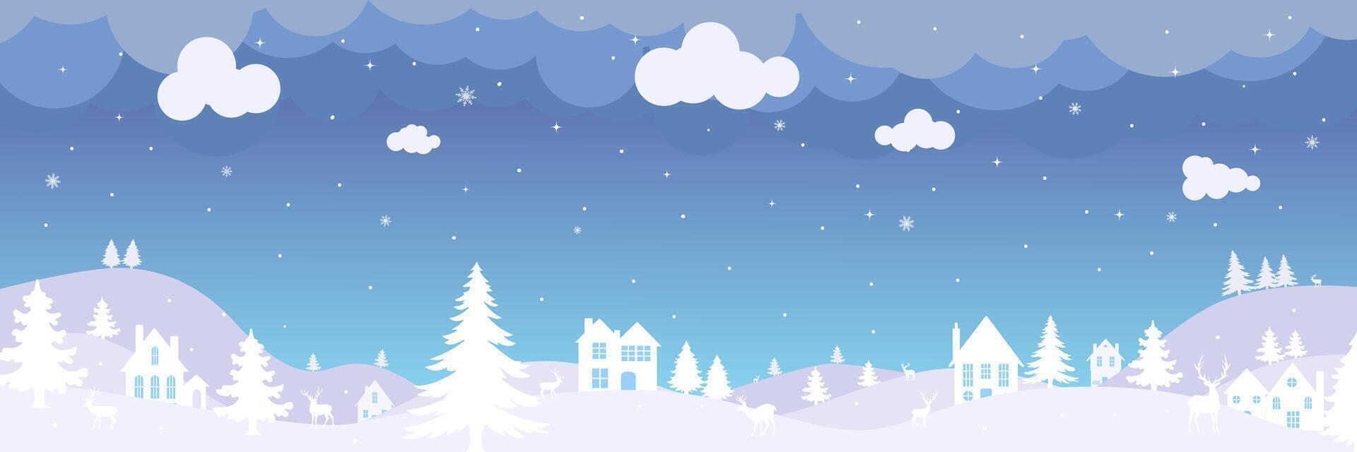 Christmas horizontal banner. Illustration Winter landscape with deer and fir trees in the snow, village in the night sky with stars, and snowfall. Blue background. vector