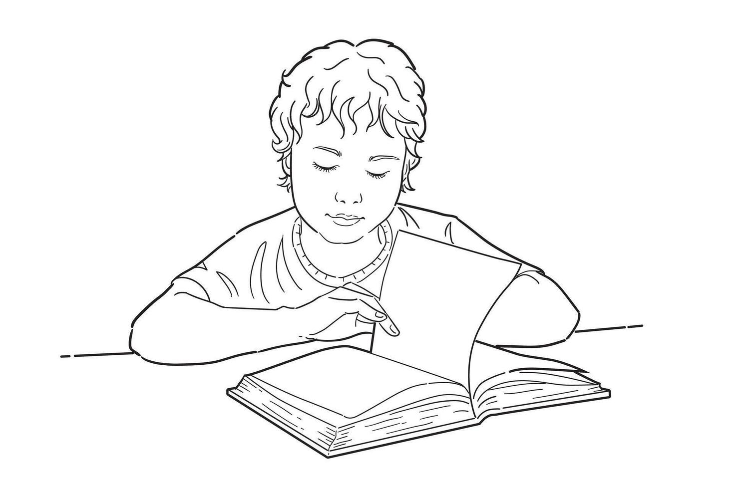 Little boy studying with reading book. line art. vector