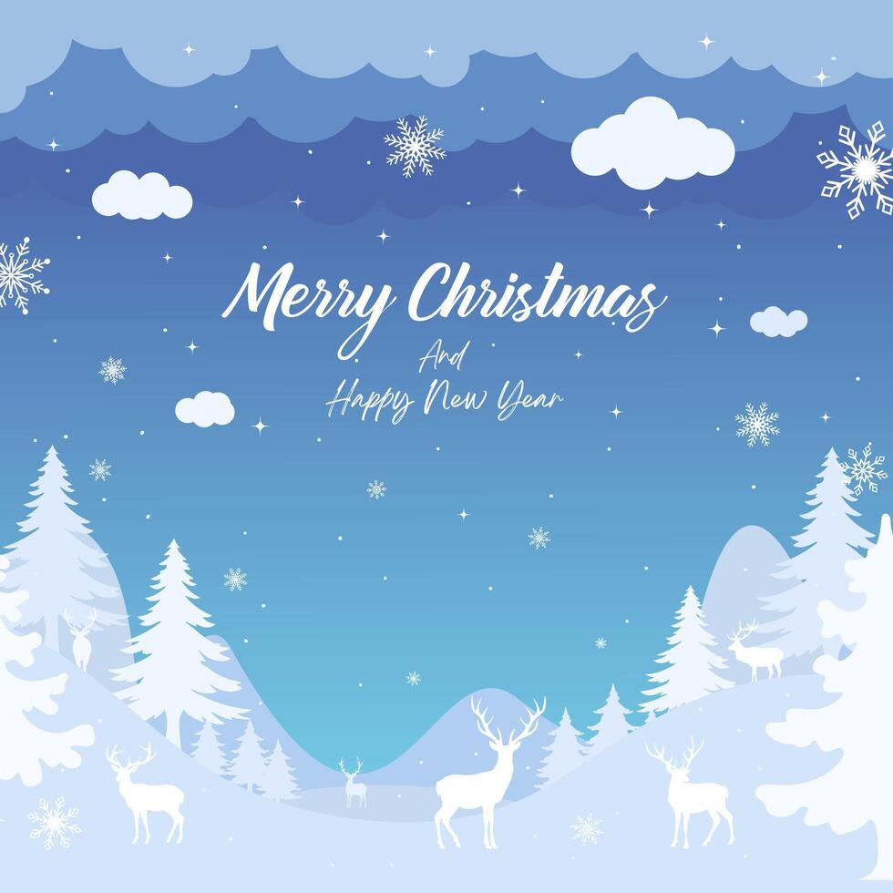 Christmas banner or background. Illustration Winter landscape with deer and fir trees in the snow, night sky with stars, snowfall. With text Merry Christmas and Happy New Year. Blue background. vector