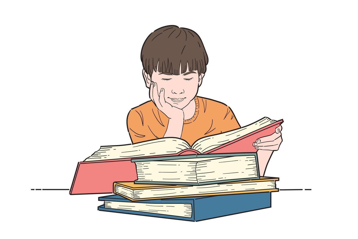Little boy studying with reading book. flat color. vector