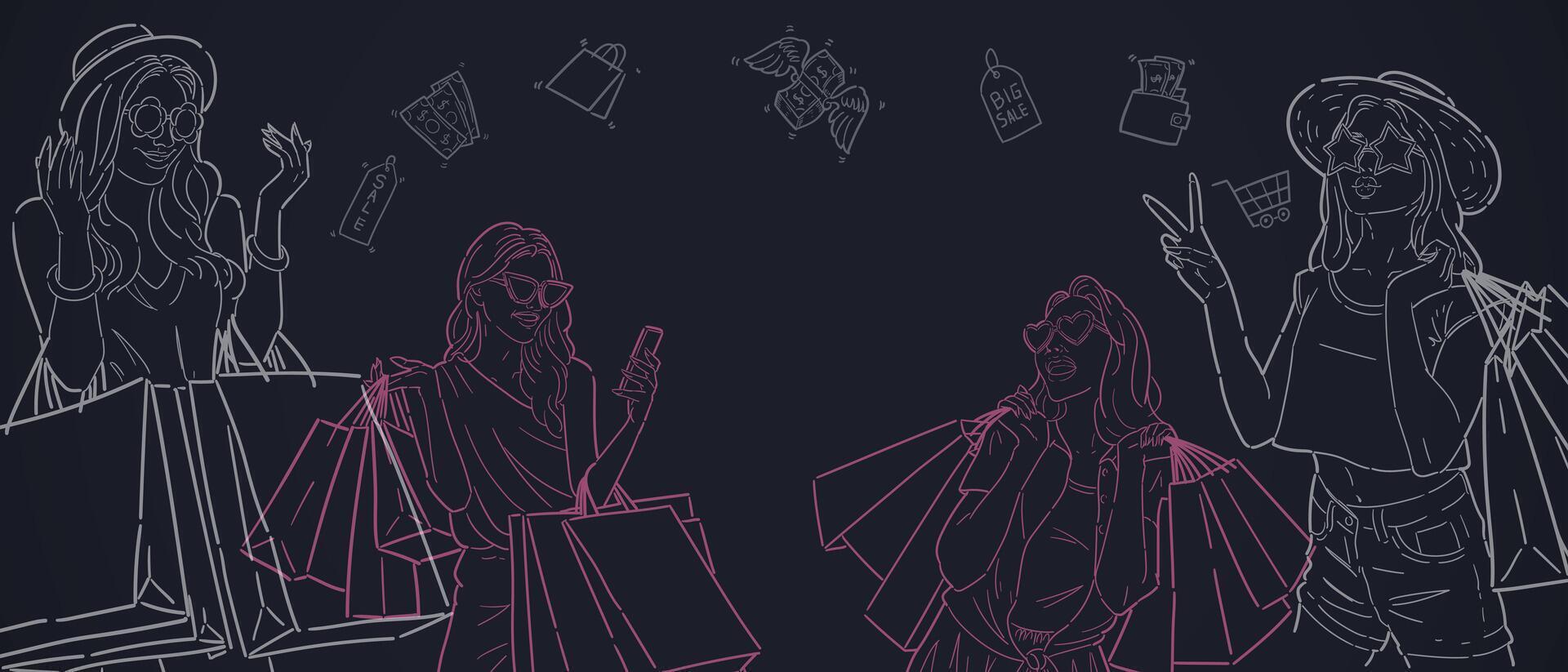 Banner background for sales promotion with line out illustration of a woman carrying a bag or shopping, for advertising, banners, leaflets and flyers. . vector