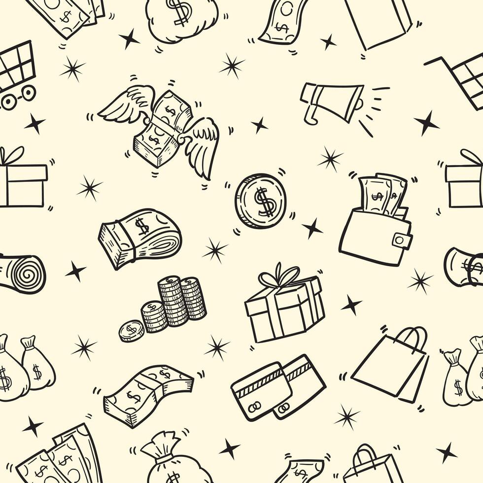 Seamless Pattern doodle Of Money Icons elements, Design wallpaper, background, phone screensaver, banner, flyer, print. Illustration White and Black. vector