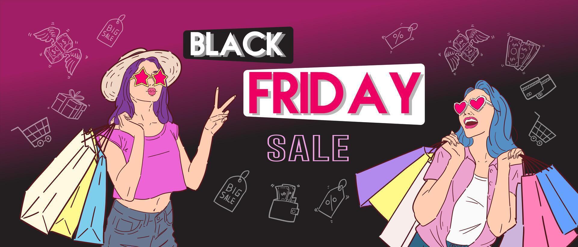 Black Friday sale promotion banner or flyer design with retro or pop art style illustration. . vector