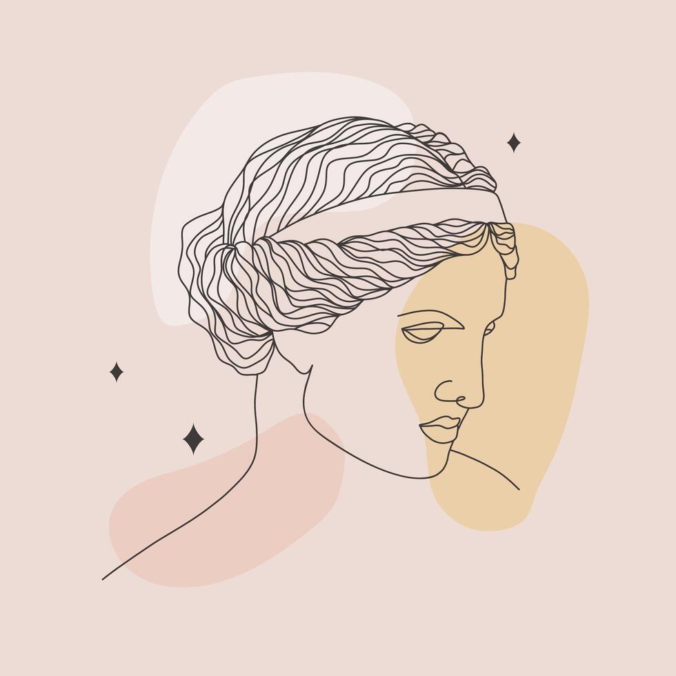 Ancient greek sculpture. Linear head of Aphrodite. Goddess antique statue. Trendy illustration in one line drawing style. Minimalist female bust with abstract shapes vector