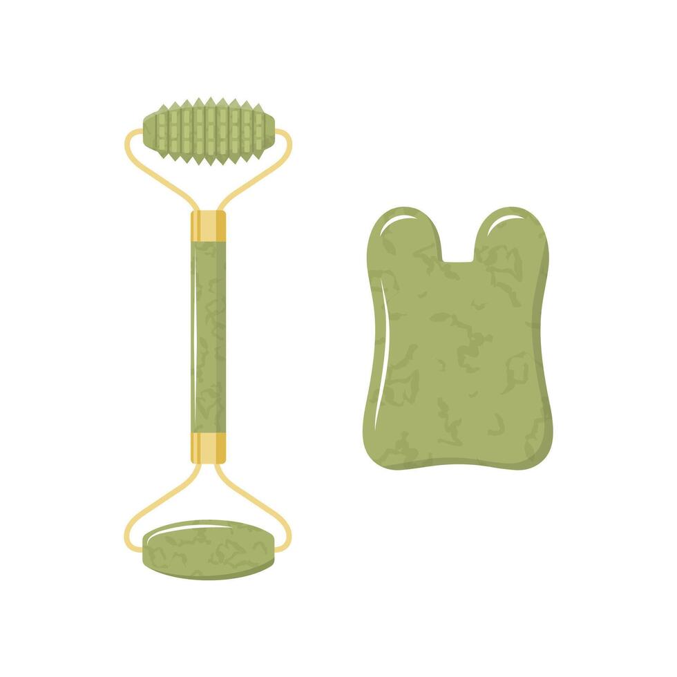 Gua sha scraper and jade roller for facial massage. Collection of different shape natural green nephrite stones. Skin care concept. illustration in flat cartoon style vector