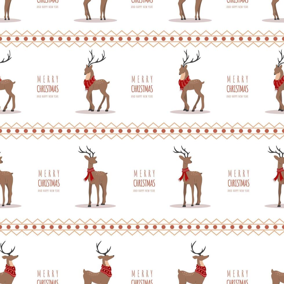 Christmas pattern with reindeers. Cute deers with antlers and scarves. Winter print. New Year seamless background. illustration in flat cartoon style vector