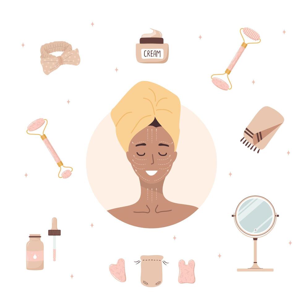 Quartz facial roller. Chinese gua sha massage. Woman portrait with lymphatic massage scheme. Chinese skin care concept. Morning routine. illustration in flat cartoon style vector