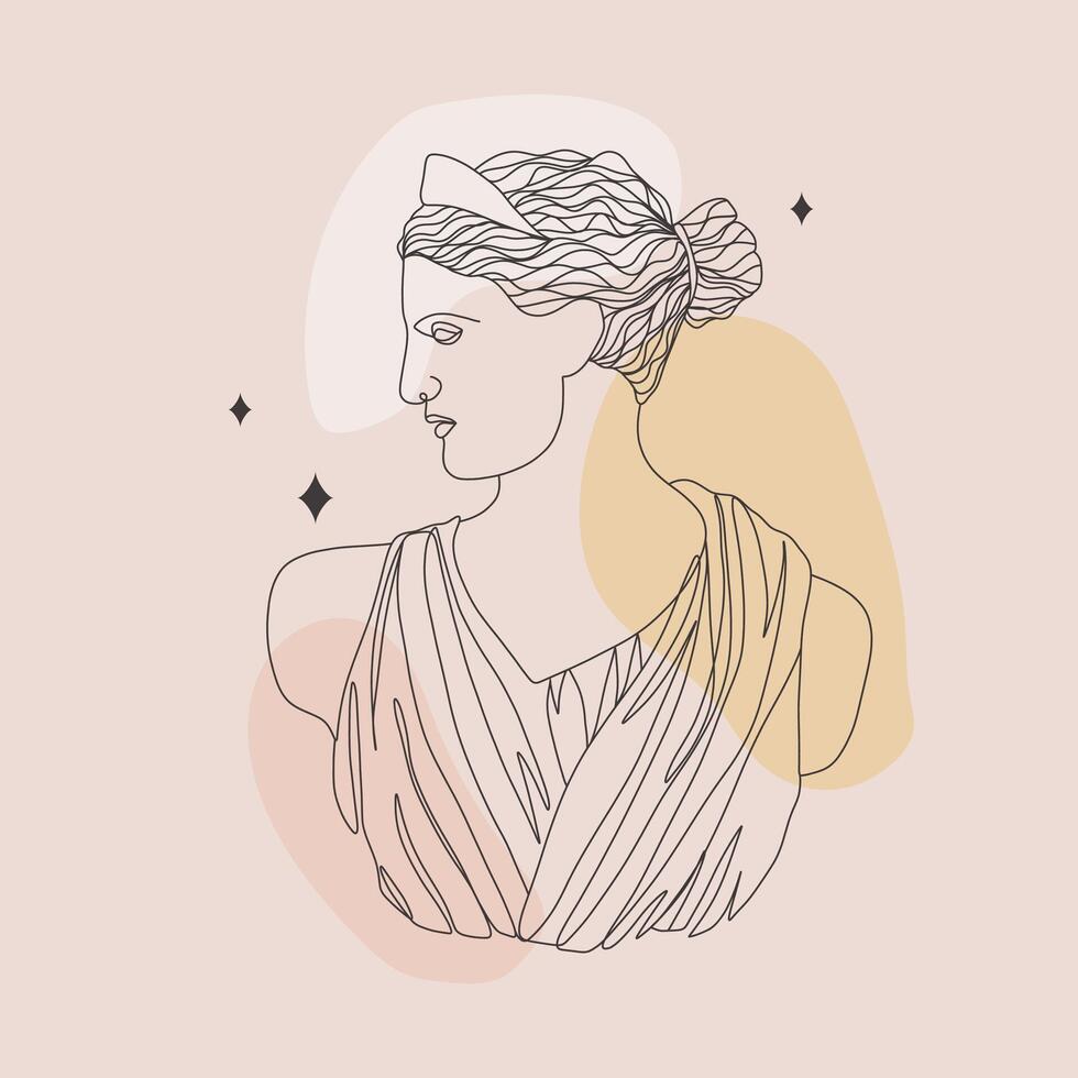 Ancient greek sculpture. Linear head of Artemis. Goddess antique statue. Trendy illustration in one line drawing style. Minimalist female bust with abstract shapes vector