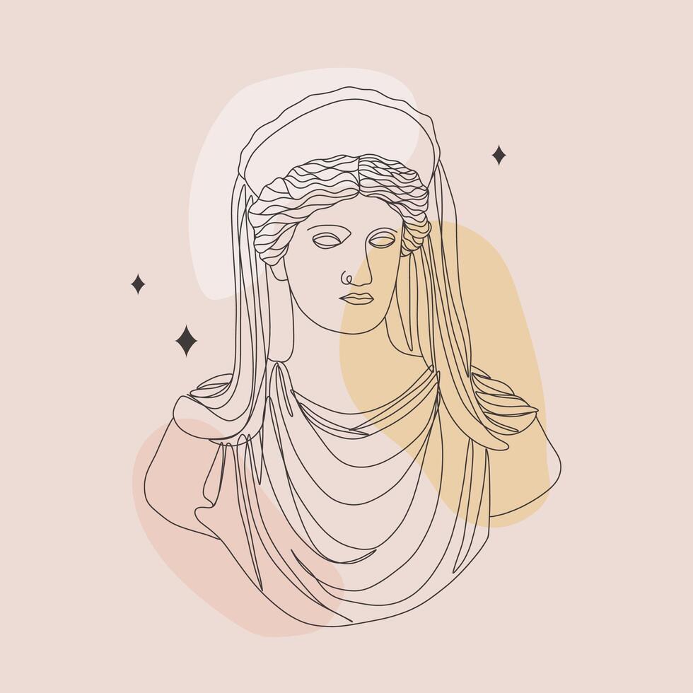 Ancient greek sculpture. Linear head of Demeter. Goddess antique statue. Trendy illustration in one line drawing style. Minimalist female bust with abstract shapes vector
