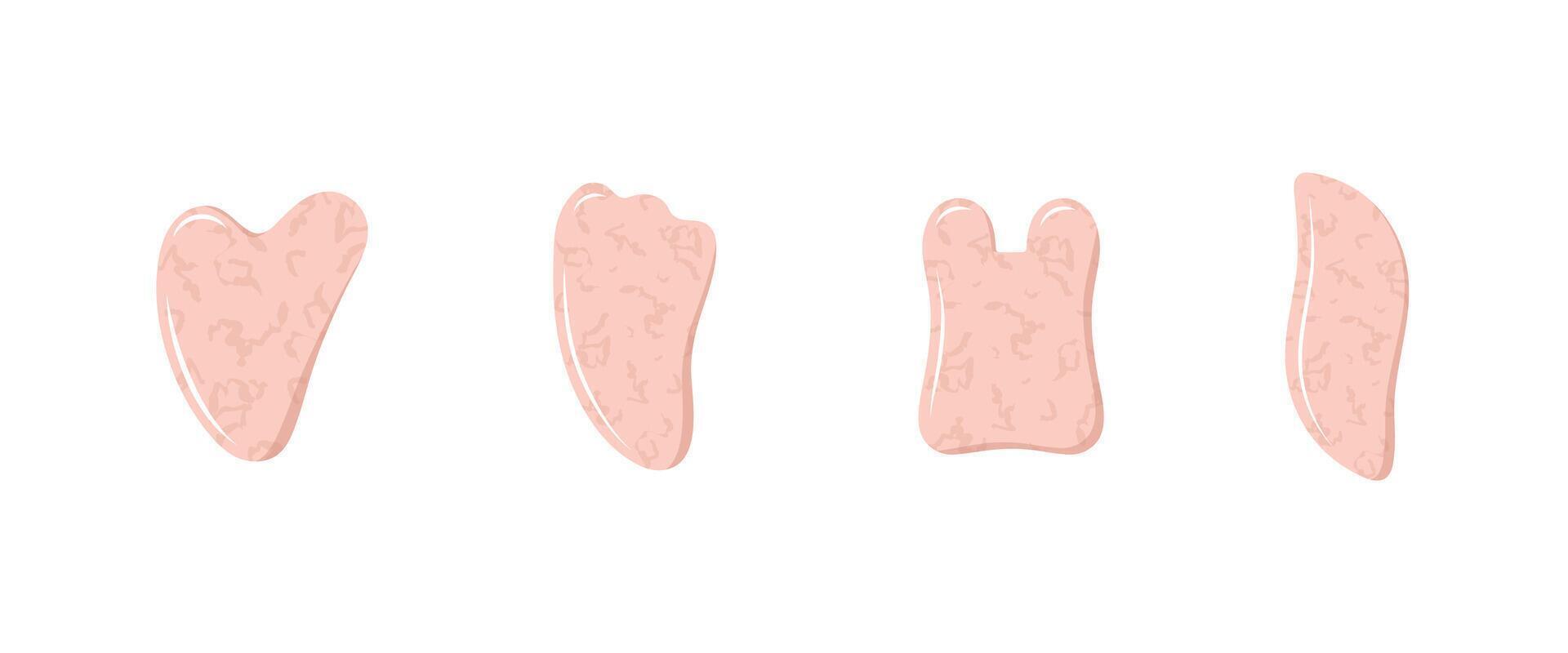 Gua sha scraper for facial massage. Collection of different shape natural pink quartz stones. Skin care, home beauty procedures and morning routine. illustration in flat cartoon style vector