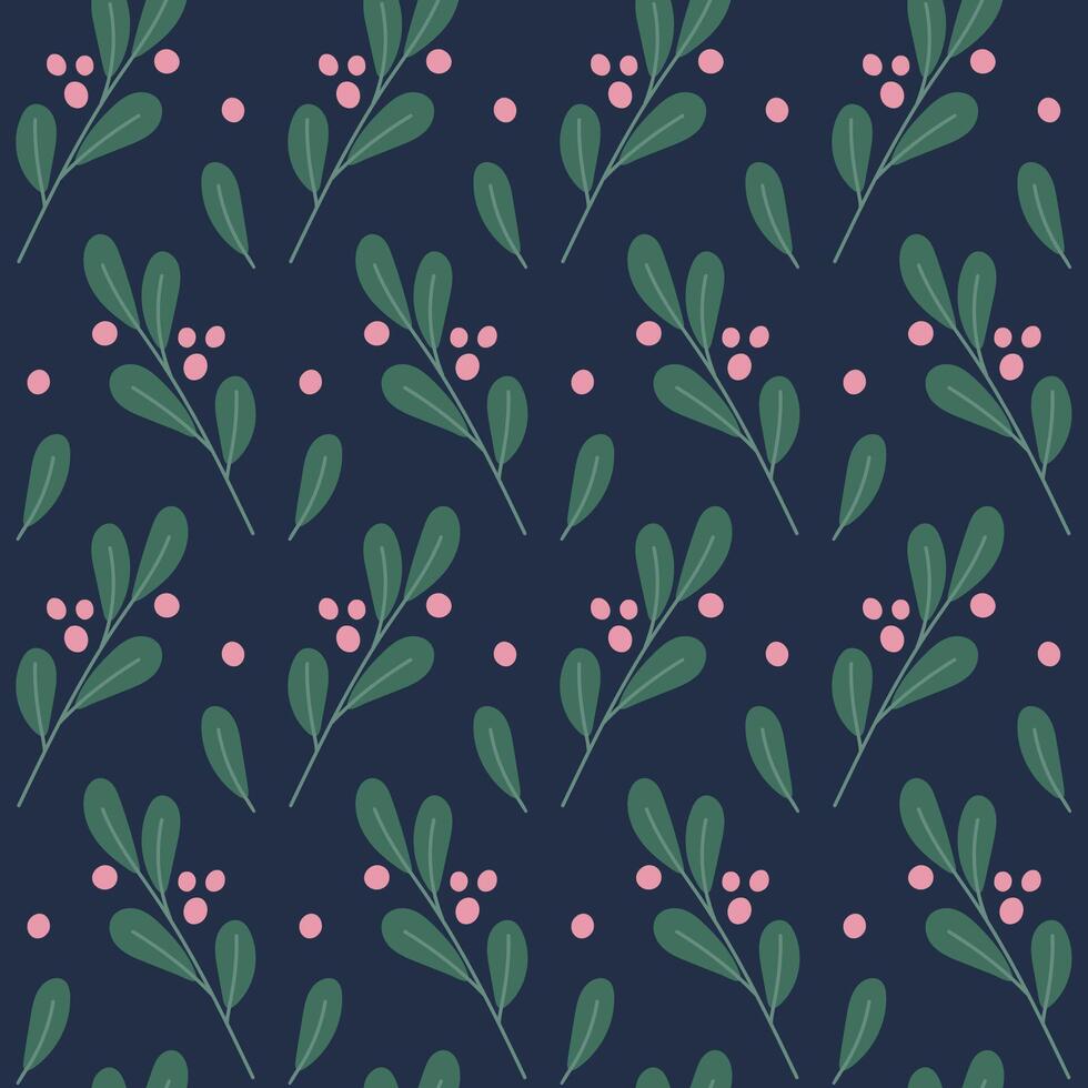 Seamless pattern of stylized plants. Twigs with berries on a dark background. vector