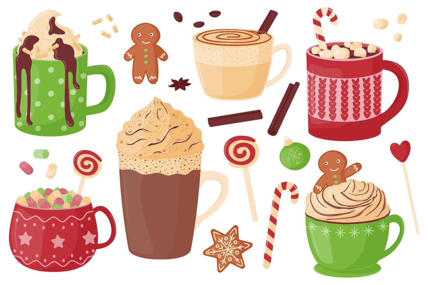 Christmas set of hot drinks. Festive cute mugs with hot cocoa, coffee, chocolate, whipped cream, marshmallows and sweets. vector