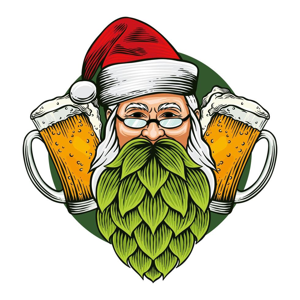 colored illustration of santa with two glasses of beer and hops beard vector