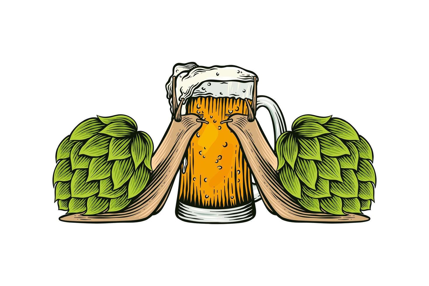 colored illustration of a snail with a hops shell about to drink a glass of beer vector