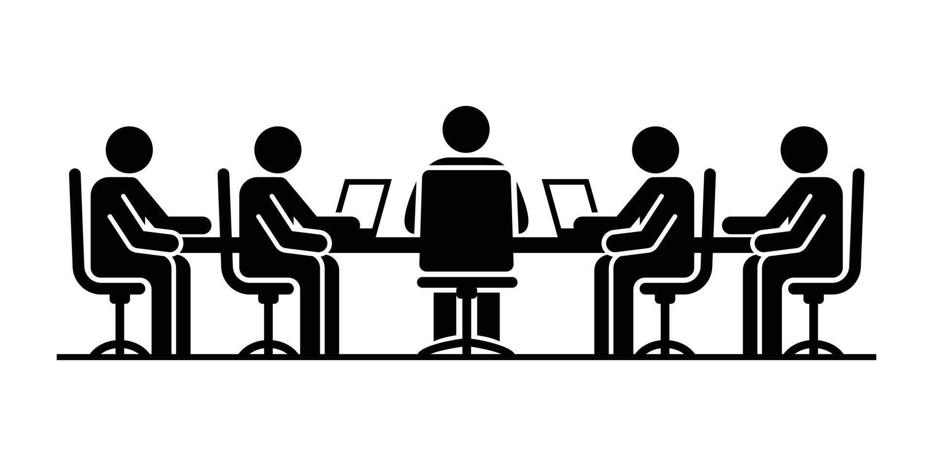 Business meeting icon. People sitting at table with laptops in office. illustration vector