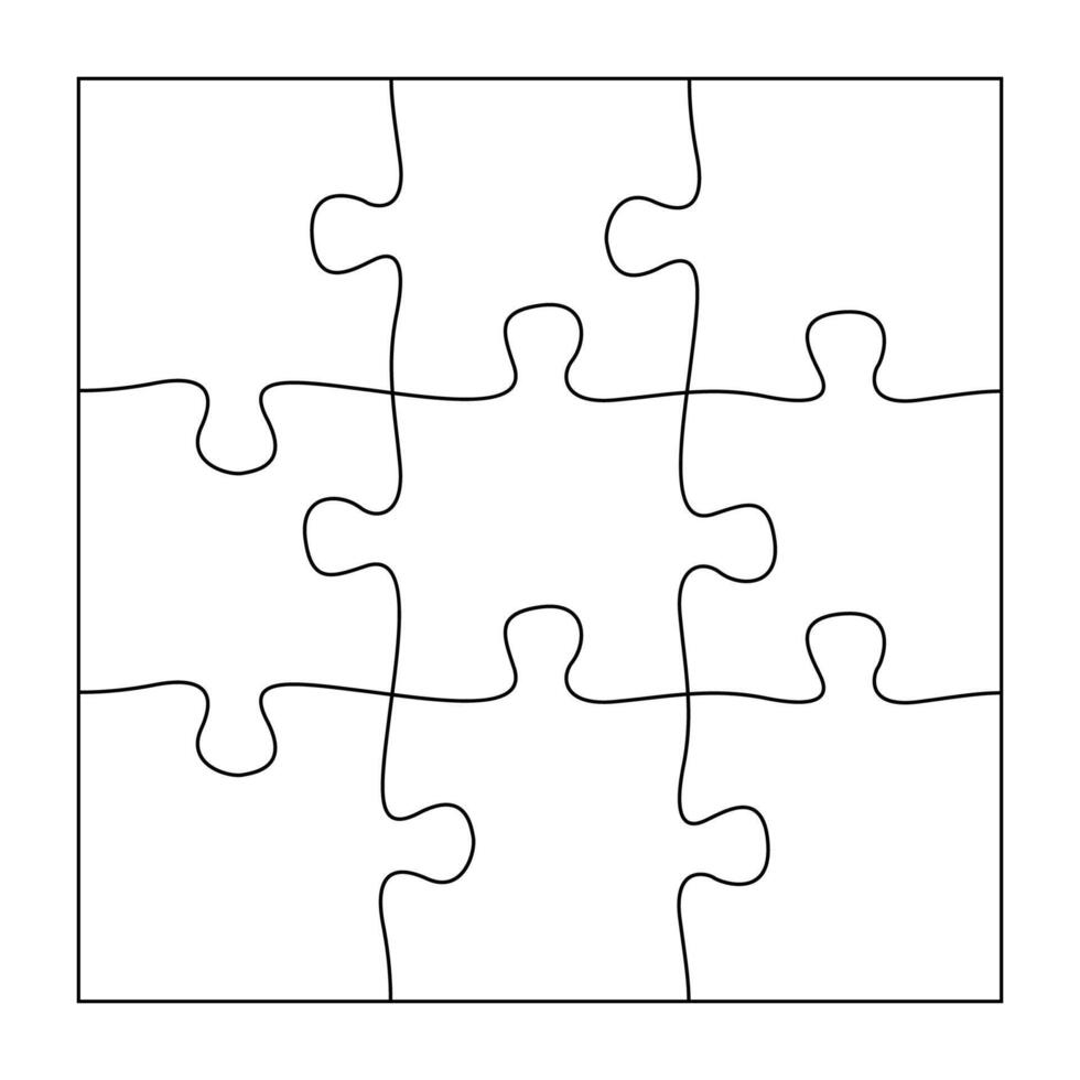 Puzzles grid template. Jigsaw puzzle 9 pieces, thinking game and 3x3 jigsaws detail frame design. illustration vector