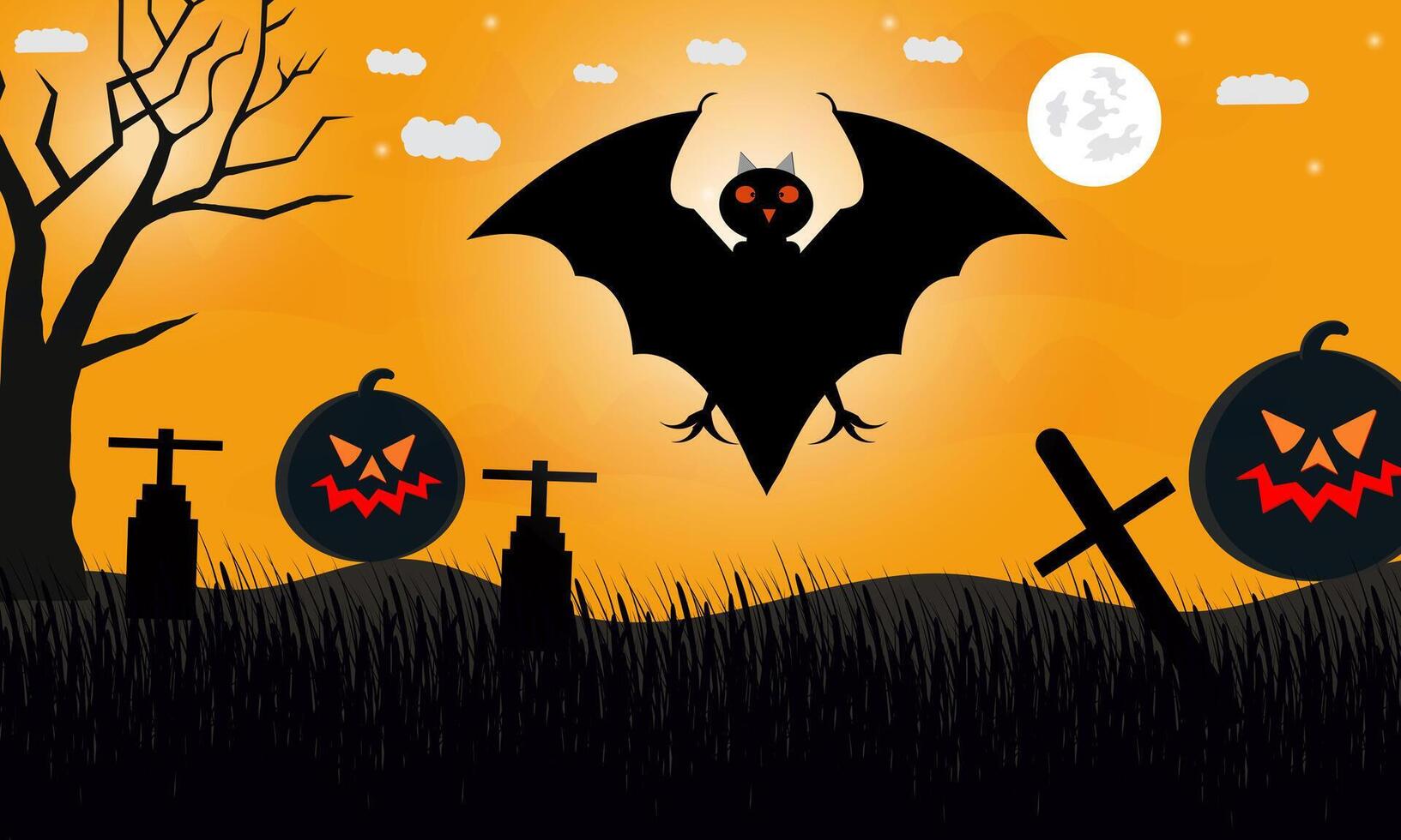 halloween scary orange background with black pumpkin and bats vector