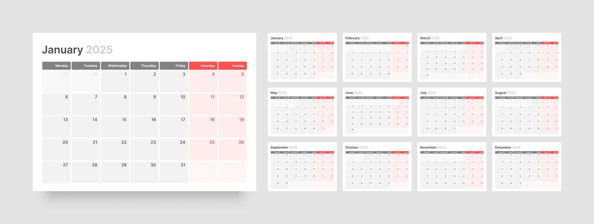 Monthly calendar template for 2025 year. Diary planner in a minimalist style. Week Starts on Monday. vector