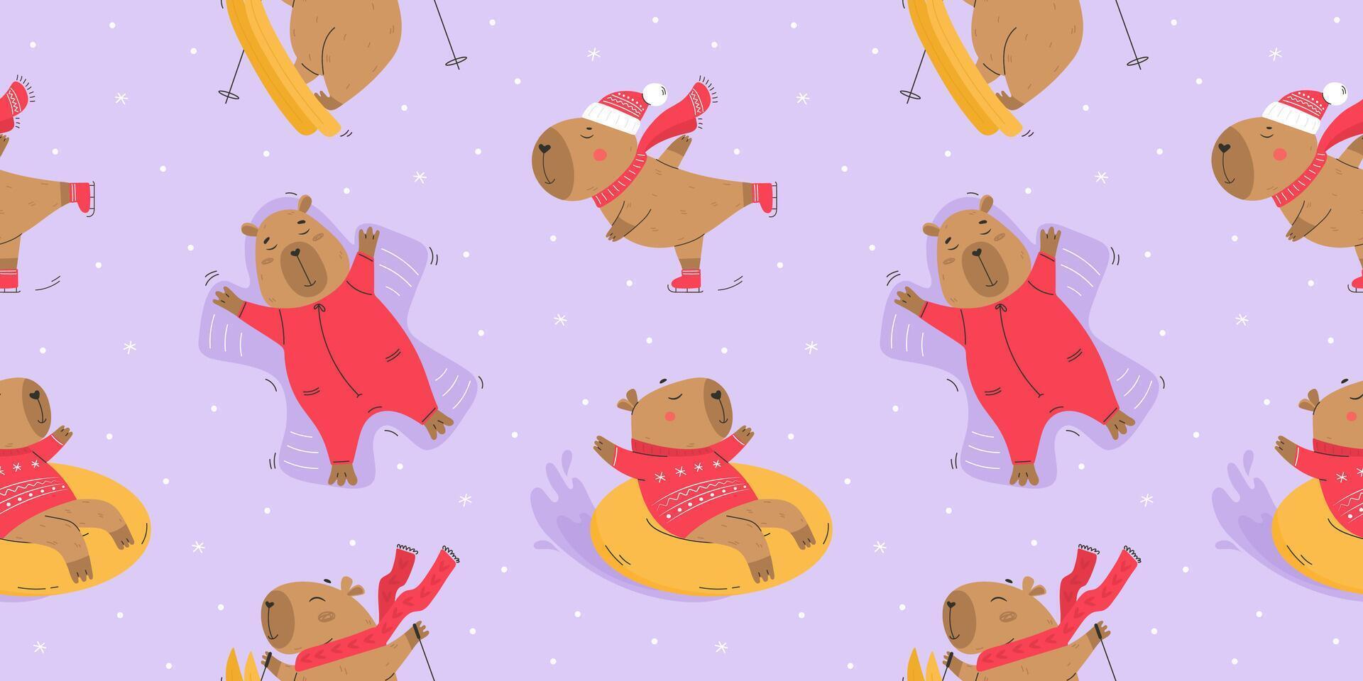Winter sport activities pattern with capybaras vector