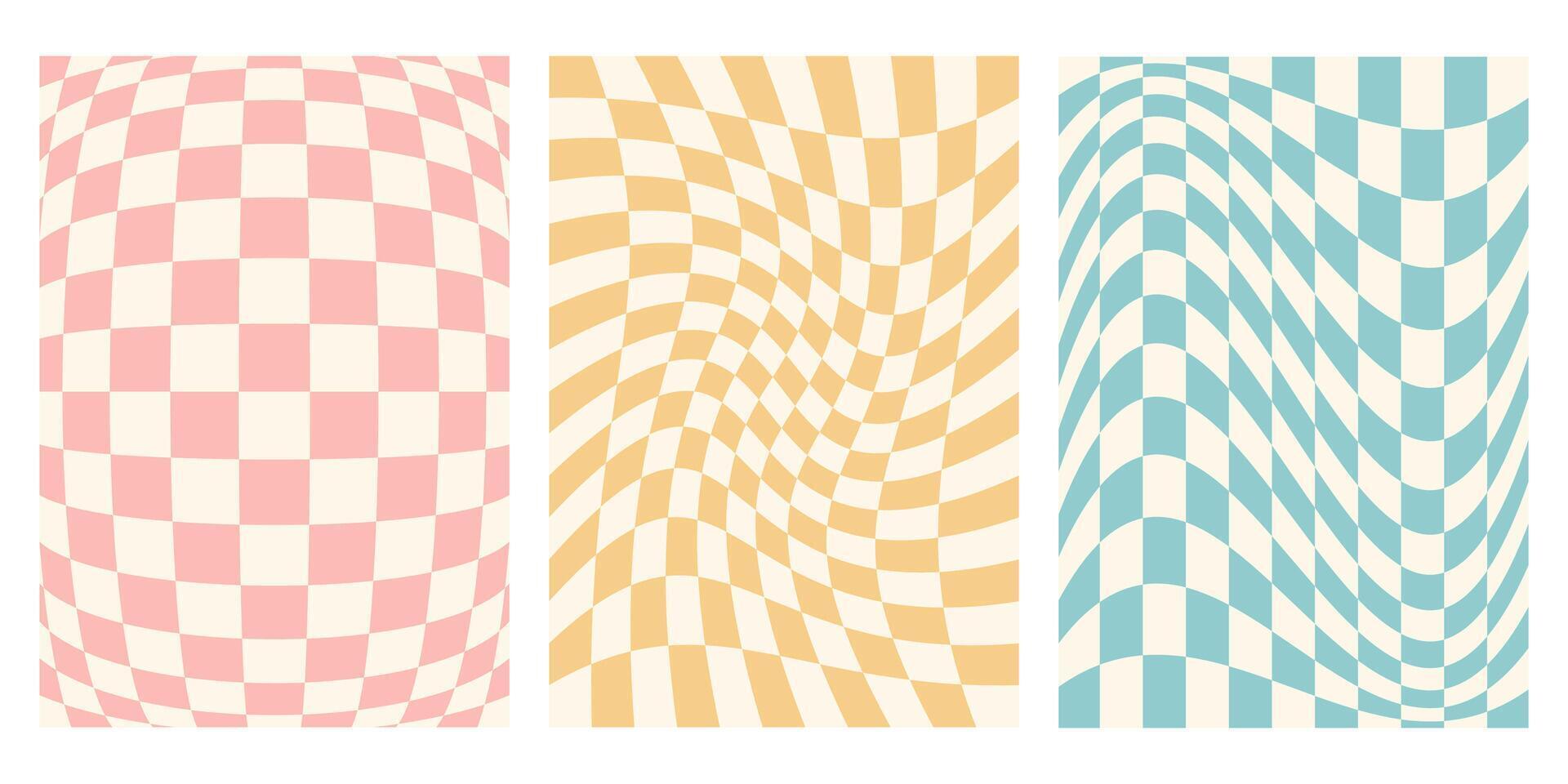 Retro checkered poster set with distorted squares vector