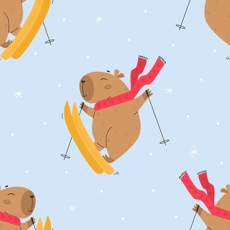 Winter sport activities pattern with capybaras vector