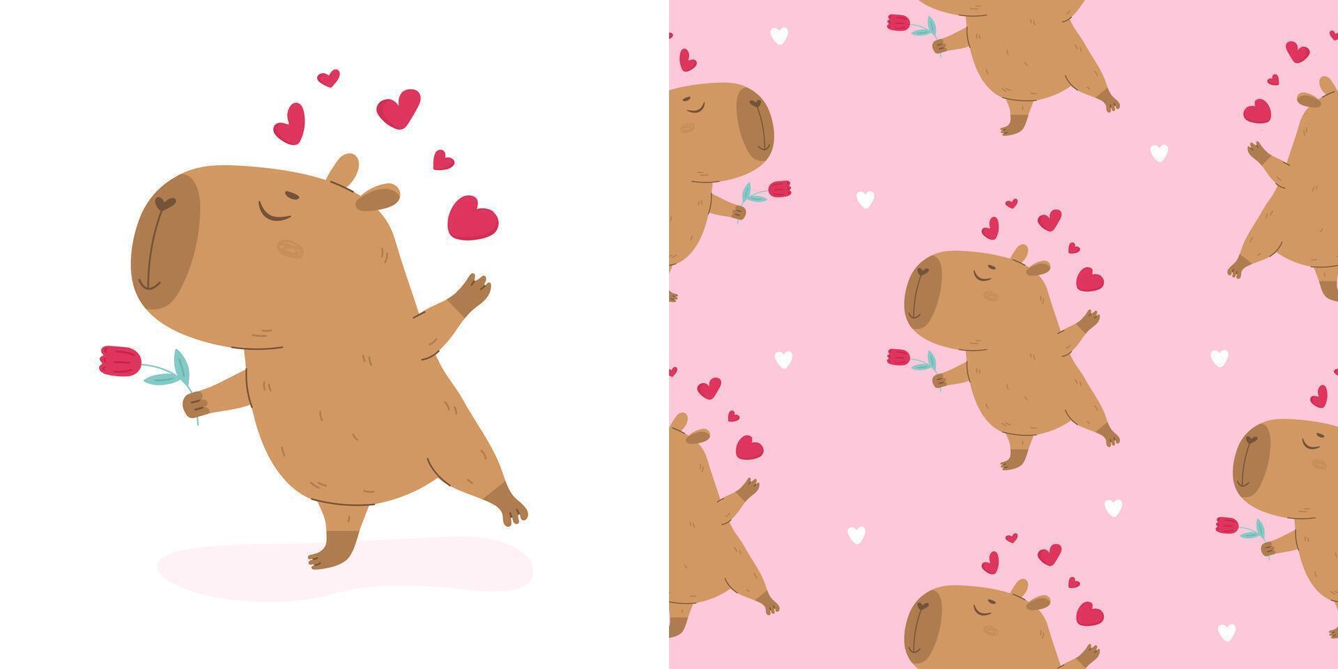 Funny lovely capybara with flower seamless pattern vector