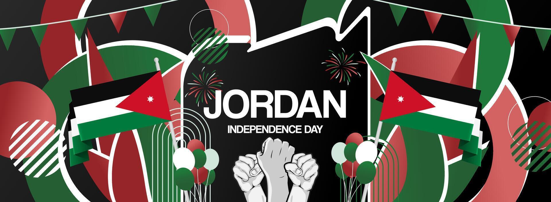 Jordan national day festive banner. Creative templates for holiday celebration, greeting card, billboard, sport event backdrops. May 25th. Happy Jordan Independence Day vector