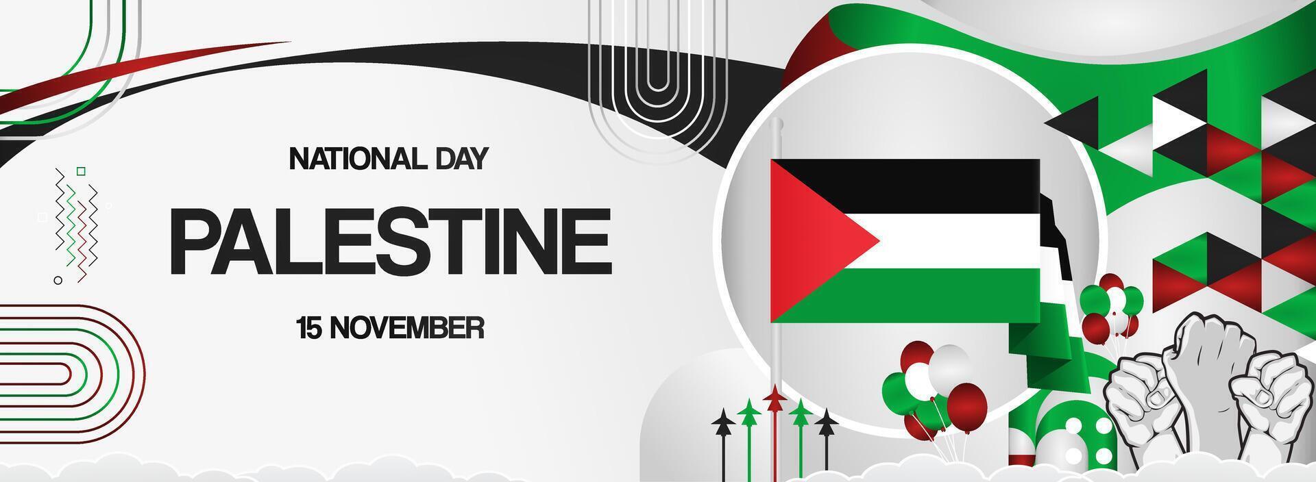 Wide background with creative geometric and Palestine country flag. National independence day greeting card for Palestine vector