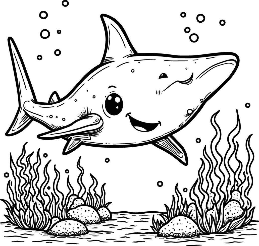 Shark Ocean fish drawing coloring book illustration vector
