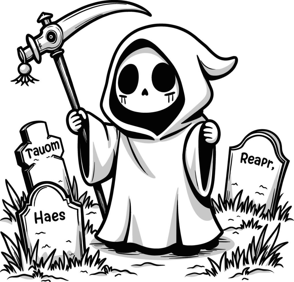 Horror Death Grim reaper hand drawing cartoon coloring book illustration vector