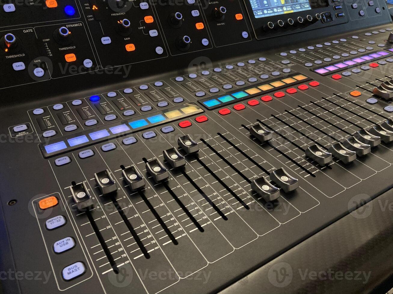 a large mixing board with multiple knobs and buttons photo