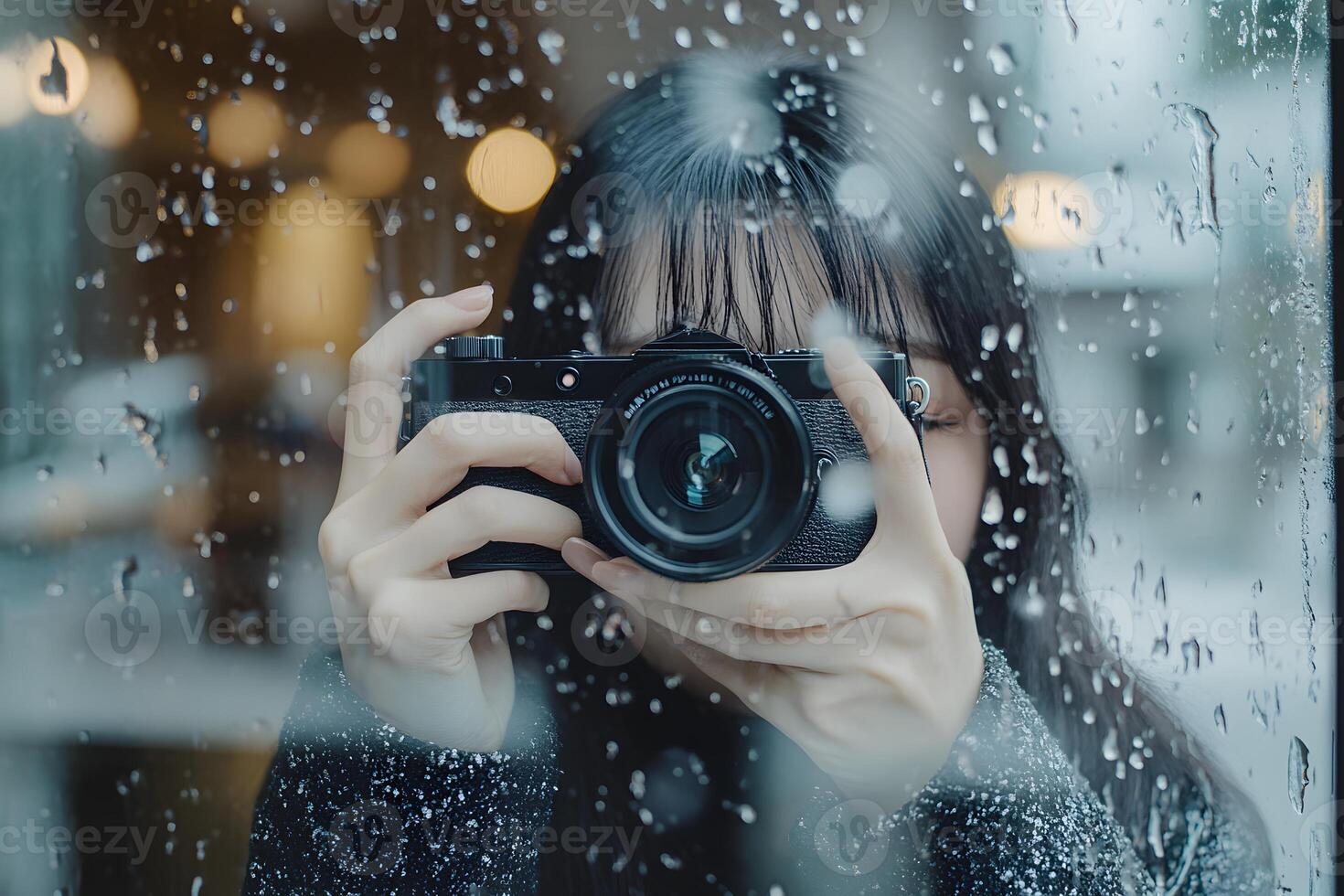 a korean woman taking a photo through a window with raindrops on it
