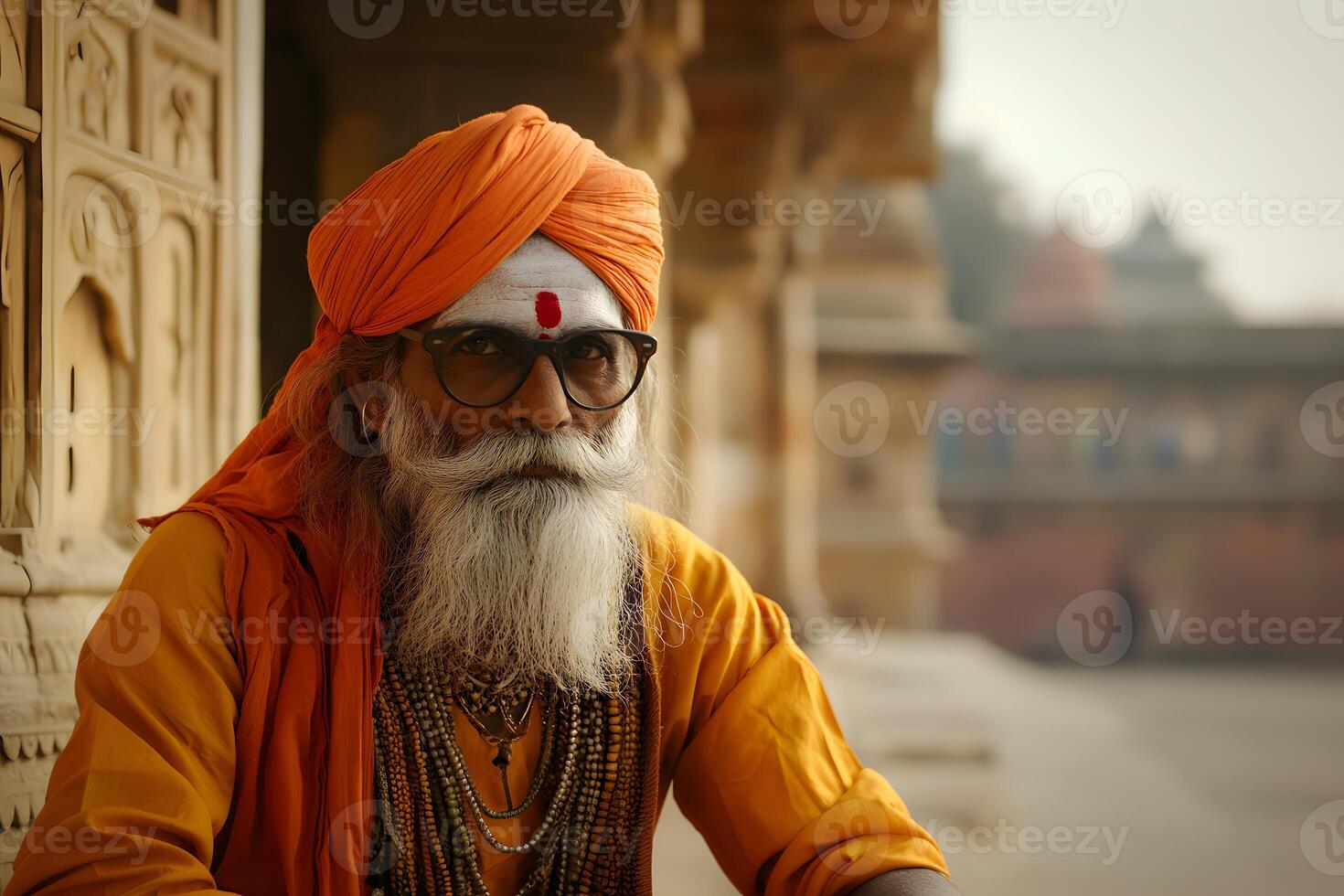 an shadu old man with a beard and orange turban photo