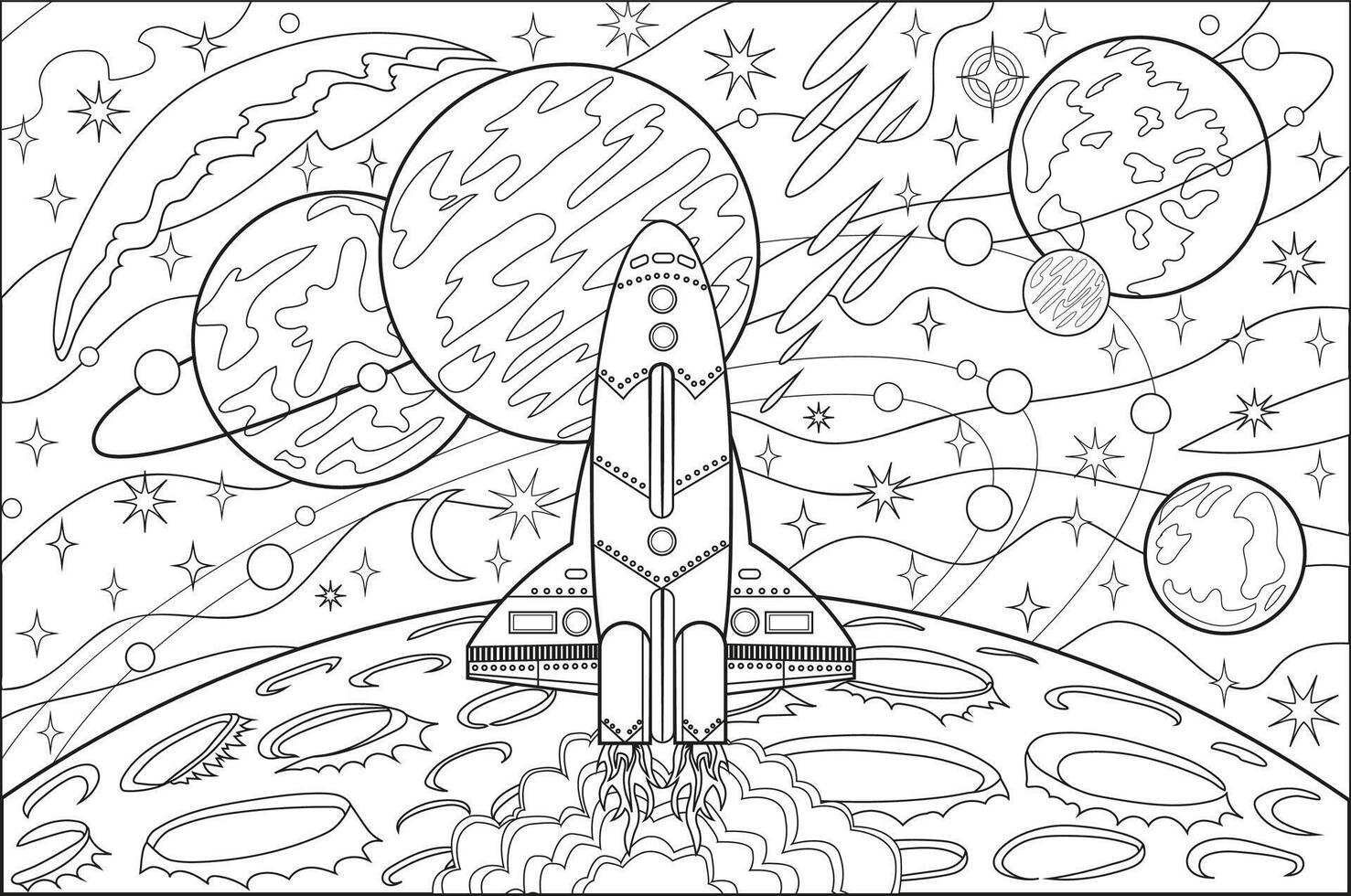 Hand drawn line art illustration with retro future space rocket, spacecraft, planets, stars and objects, science fiction coloring page vector