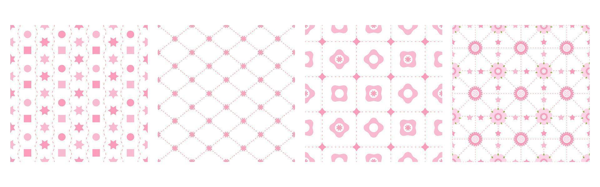 Seamless pattern flat abstract geometric set pink color. dotted line, flower, star and cherry blossom vector