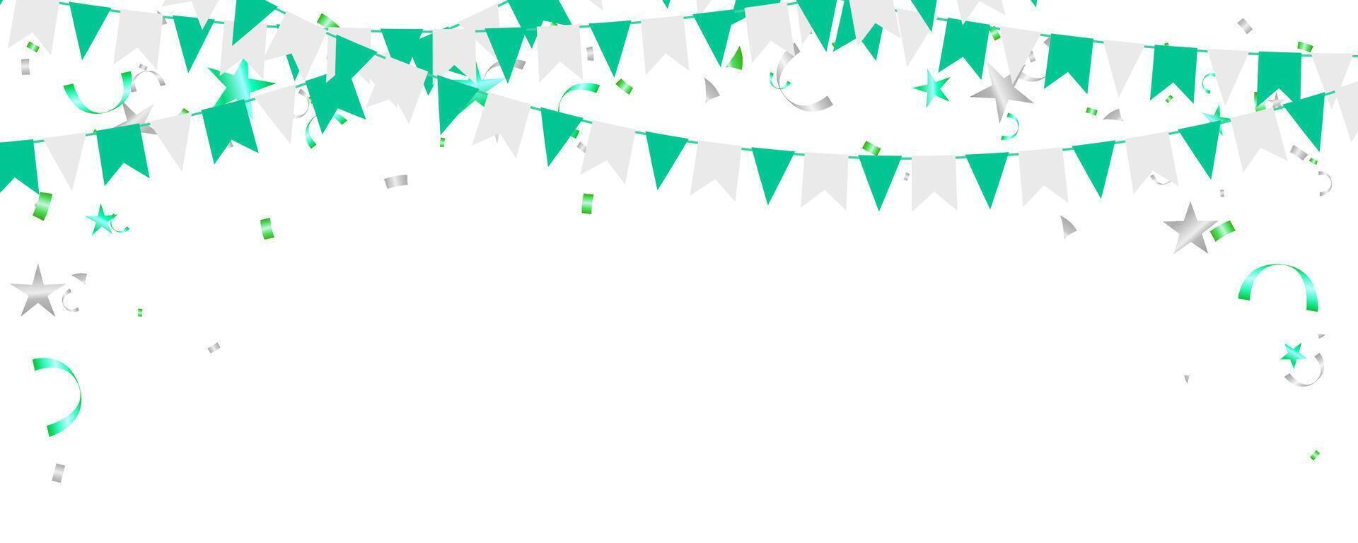 Frame green and silver bunting garland flag and confetti birthday decoration elements vector