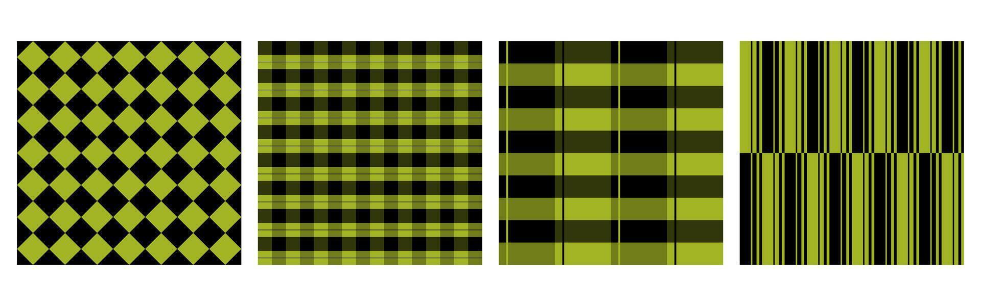 Set of Black and green plaid tartan seamless pattern. Checkered picnic cooking table cloth vector