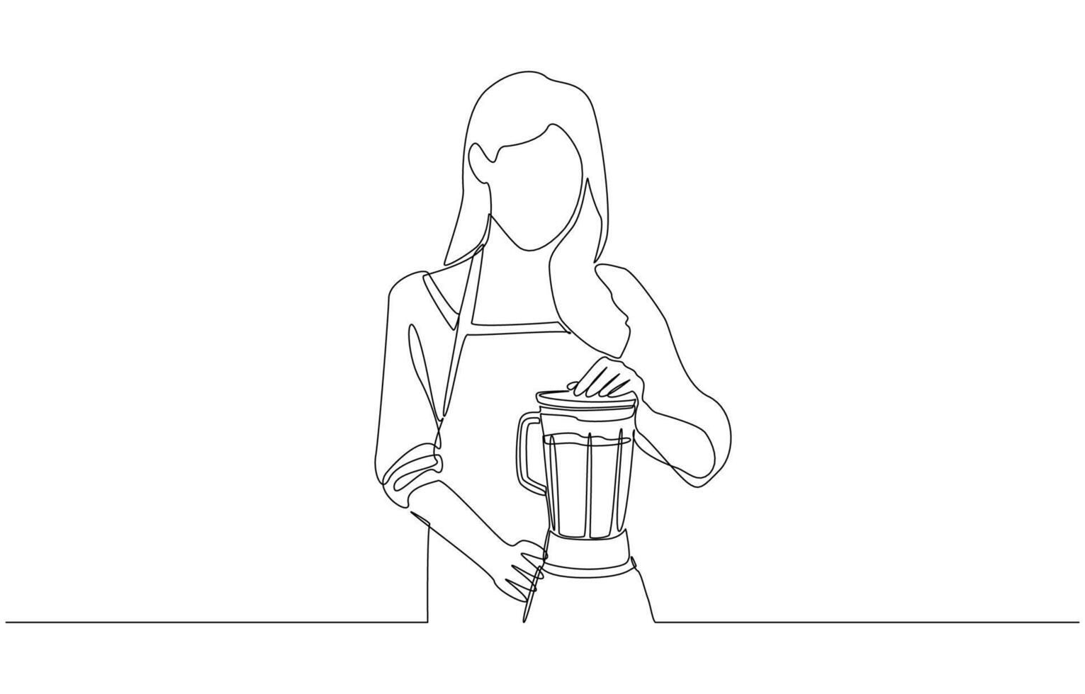Continuous one line drawing of female vendor using blender to make smoothie, street food concept, single line art. vector