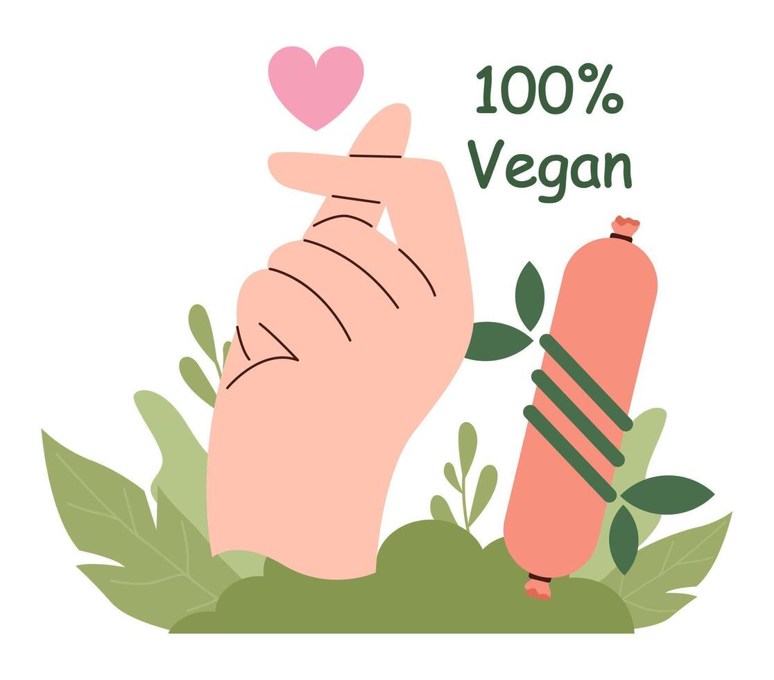 Healthy vegan diet. Character eating meat substitutes, meatless vector