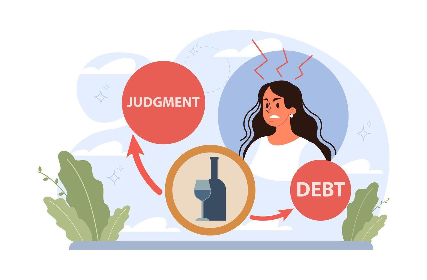 Female alcoholism. Woman suffering from hard drinking, alcohol vector