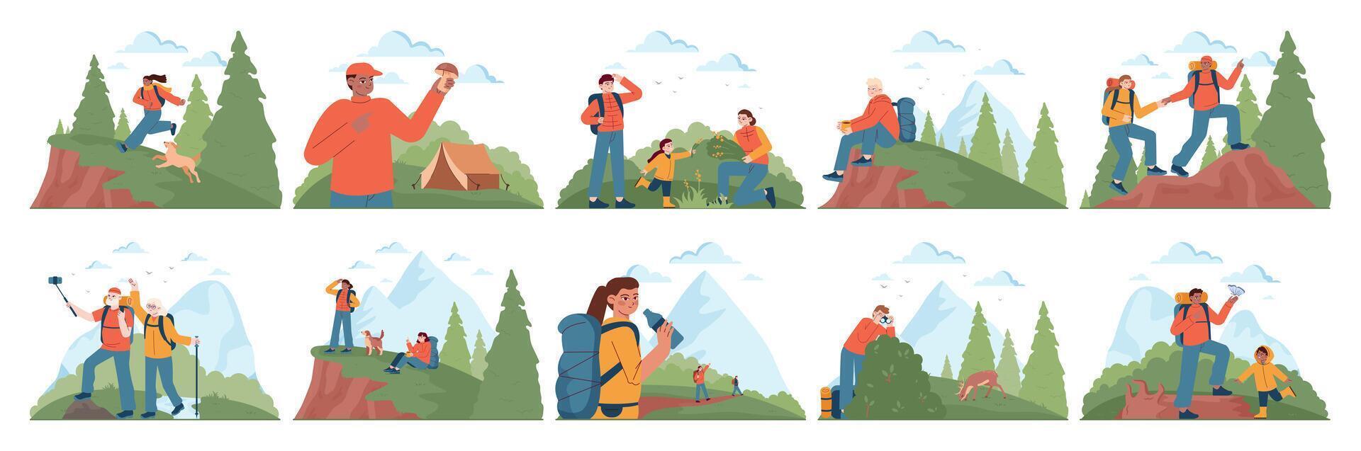 Outdoor camping and hiking set. Character spending time in nature vector