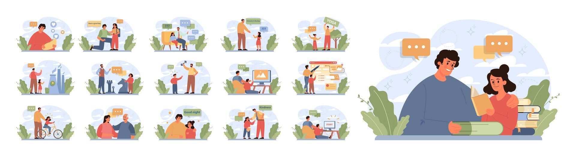 Fatherhood set. Dad and child spending time together. Childhood vector