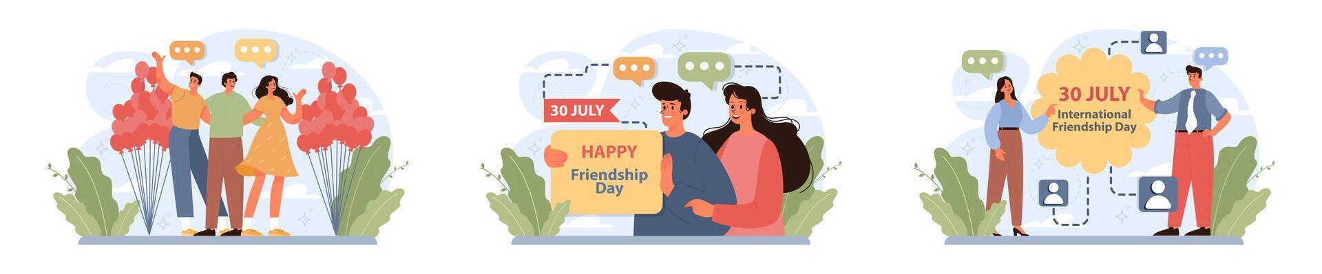 International friendship day set. Cheerful characters celebrating vector