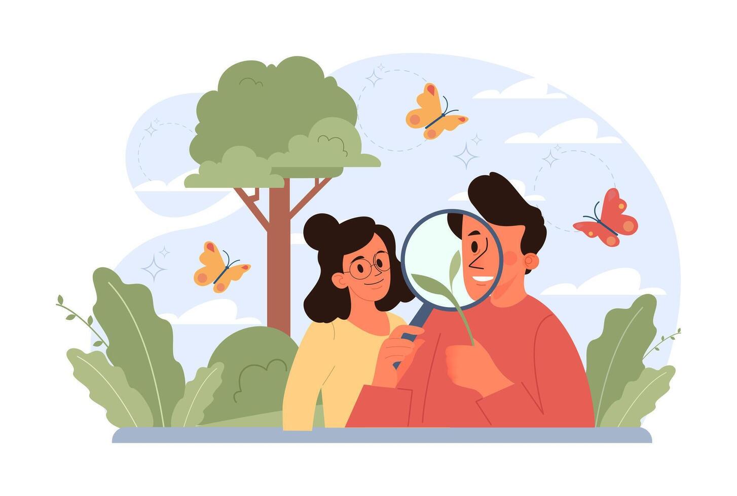 Children exploring nature on summer holidays with parents. Active outside vector