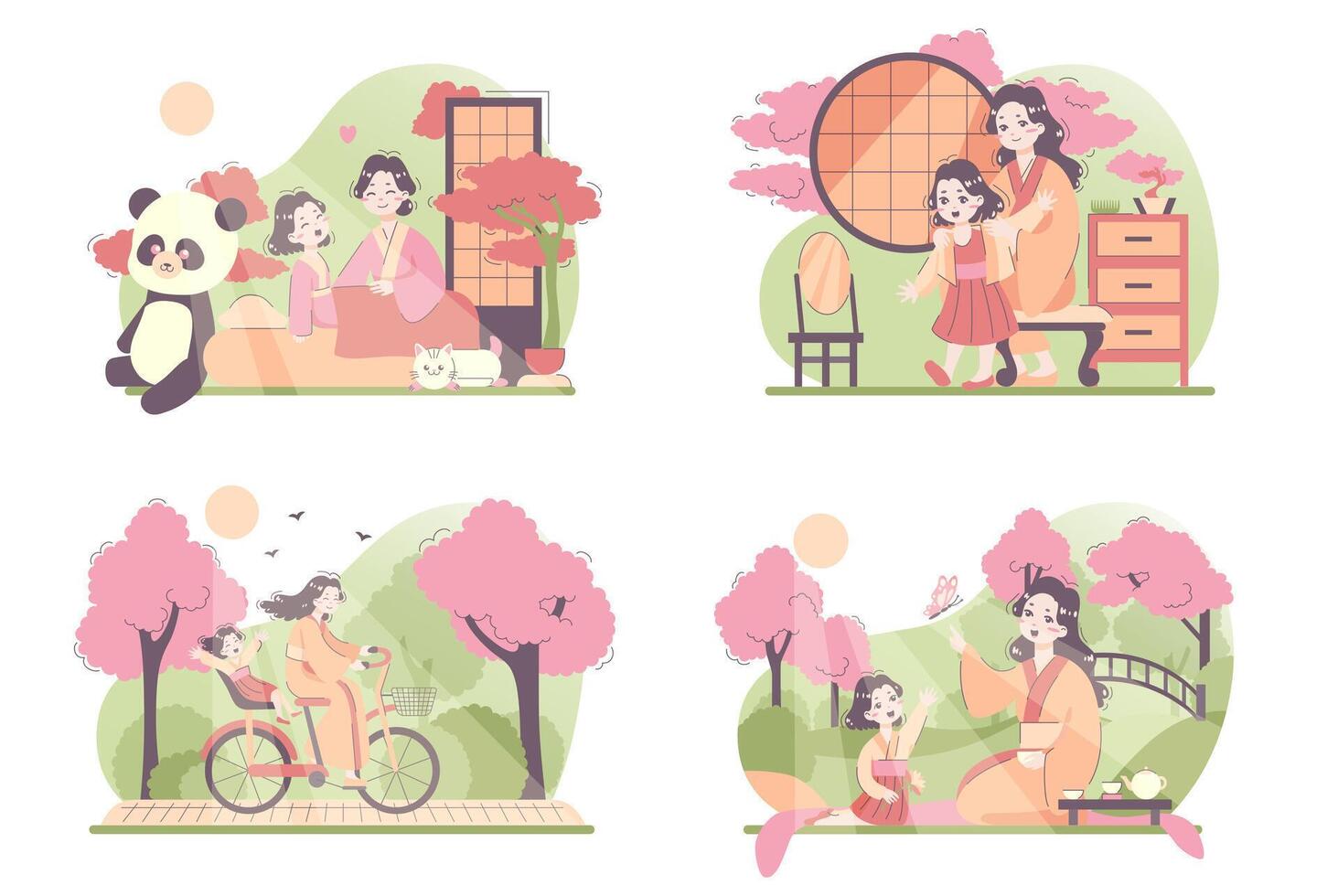 Daily routine of an asian woman set. Japanese housewife vector