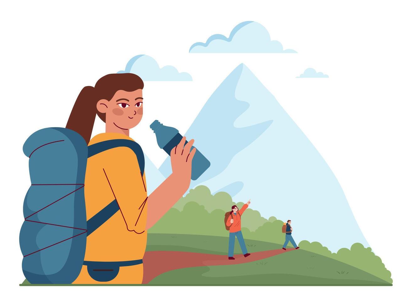 Outdoor camping and hiking. Characters with backpacks spending vector