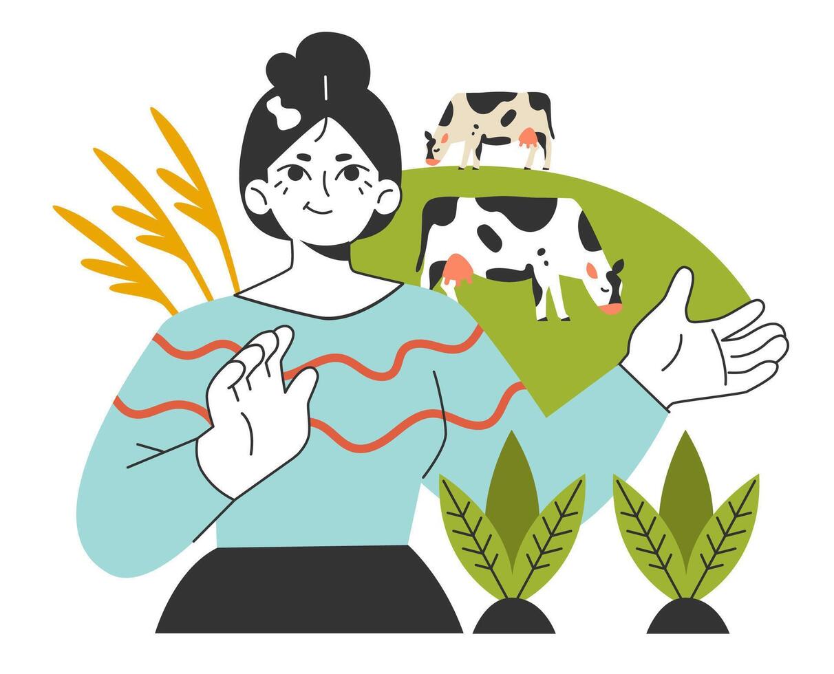 Organic farm. Rural area traveling, cows on a meadow. Slow traveling idea. vector