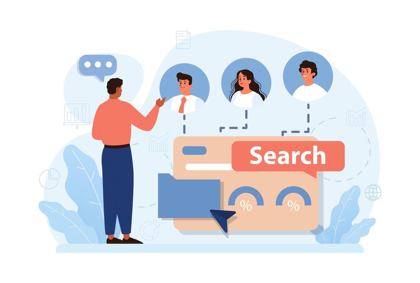 New customers search. Character looking through binoculars. Business vector