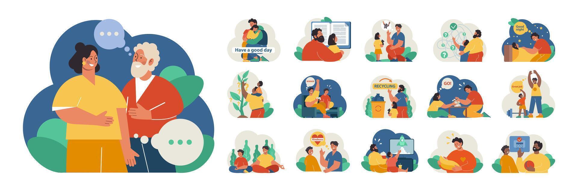 Fatherhood set. Dad and child spending time together. Childhood vector